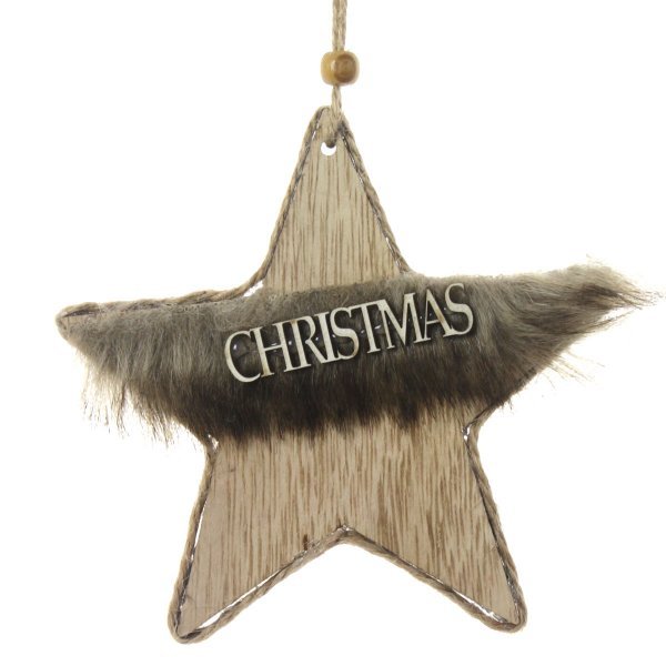 Χριστουγεννιάτικο Κρεμαστό Ξύλινο Αστέρι, με Καφέ Γούνα  (14 cm)
